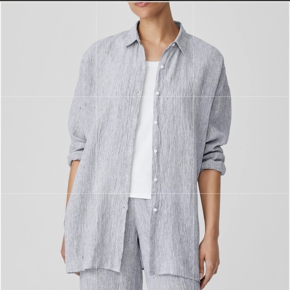 Striped Organic Linen Crinkle Classic Collar Shirt Size S-M - Picture 2 of 10